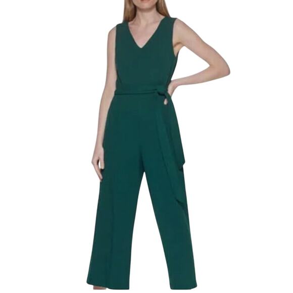 Calvin Klein Sleeveless Crepe Belted Cropped Jumpsuit Forest Green Womans SZ 16 - Picture 1 of 6